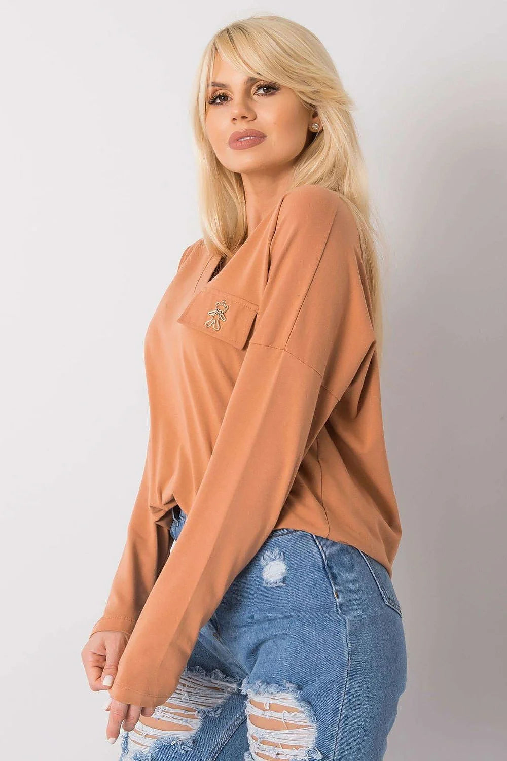 Chemisier Fancy en coton mélange lycra manches longues en V poche Badge pantalon jeans bleu taille haute déchirures franges ajusté