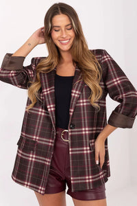veste femme carreaux tartan bordeaux marron rayures crème oversize structurée col cranté boutonnée manches retroussées doublure satinée épaulettes