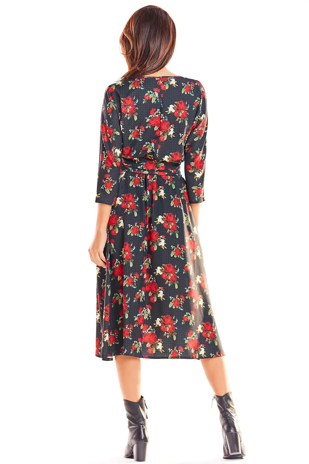 Robe longue polyester imprimé tropical élégante fluide ceinture à nouer manches trois-quarts pour femme moderne