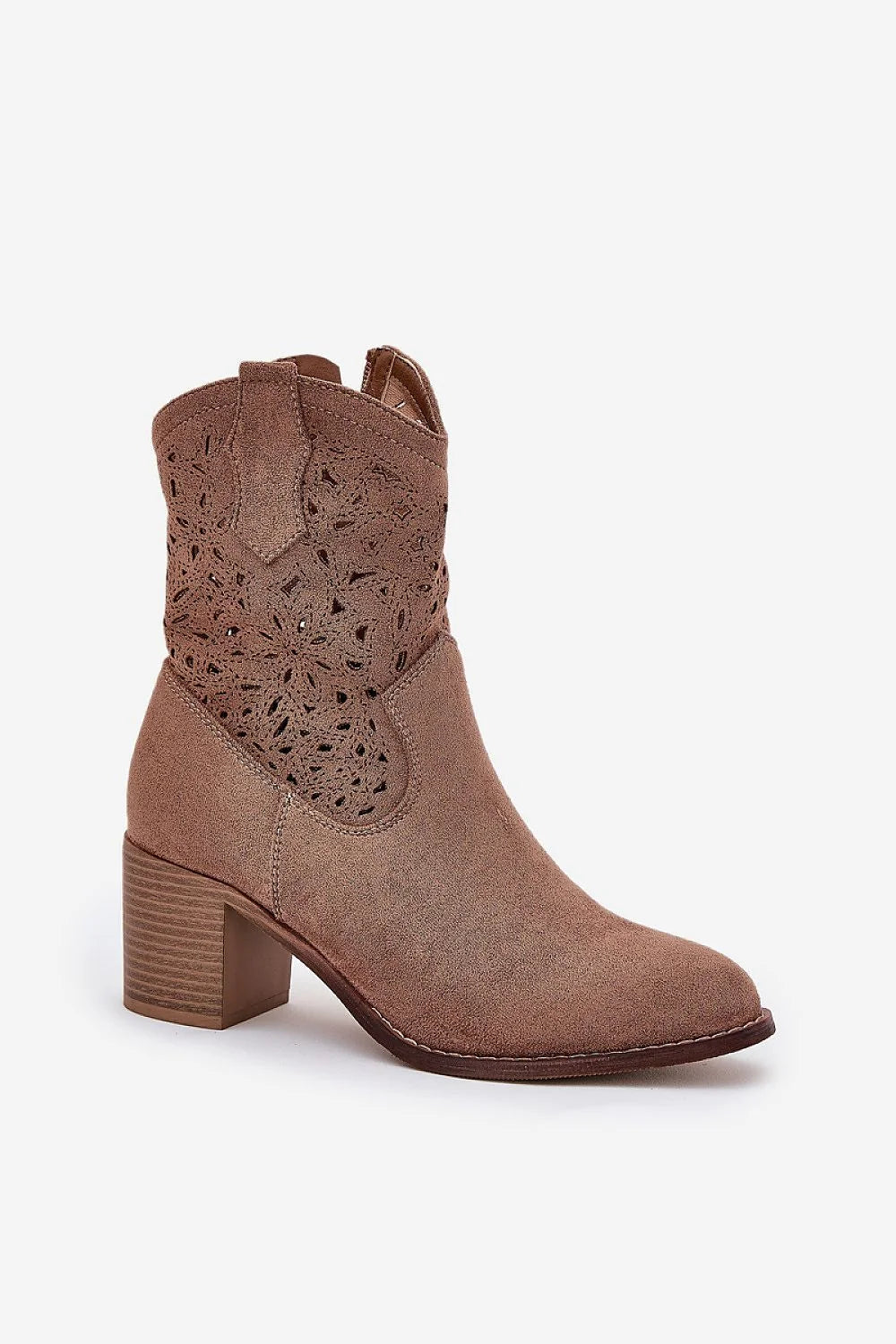 bottes western femmes taupe suédé talon bloc 7cm mi mollet bout arrondi perforations découpes laser zip latéral semelle texturée bohème
