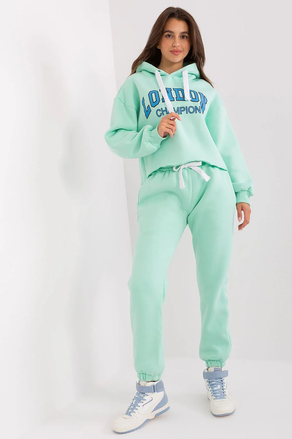 Ensemble de survêtement décontracté pour femme style urbain London Champion vert menthe sweat à capuche pantalon jogging coton polyester