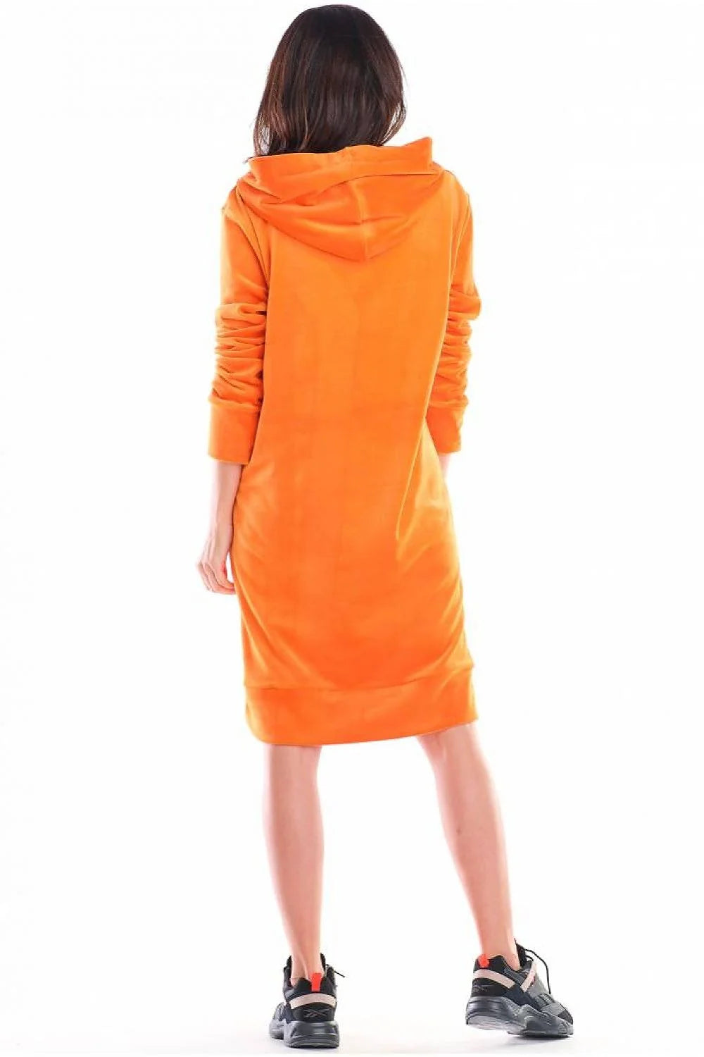 Robe à capuche en velours orange coupe droite décontractée avec poches fabriquée en Pologne