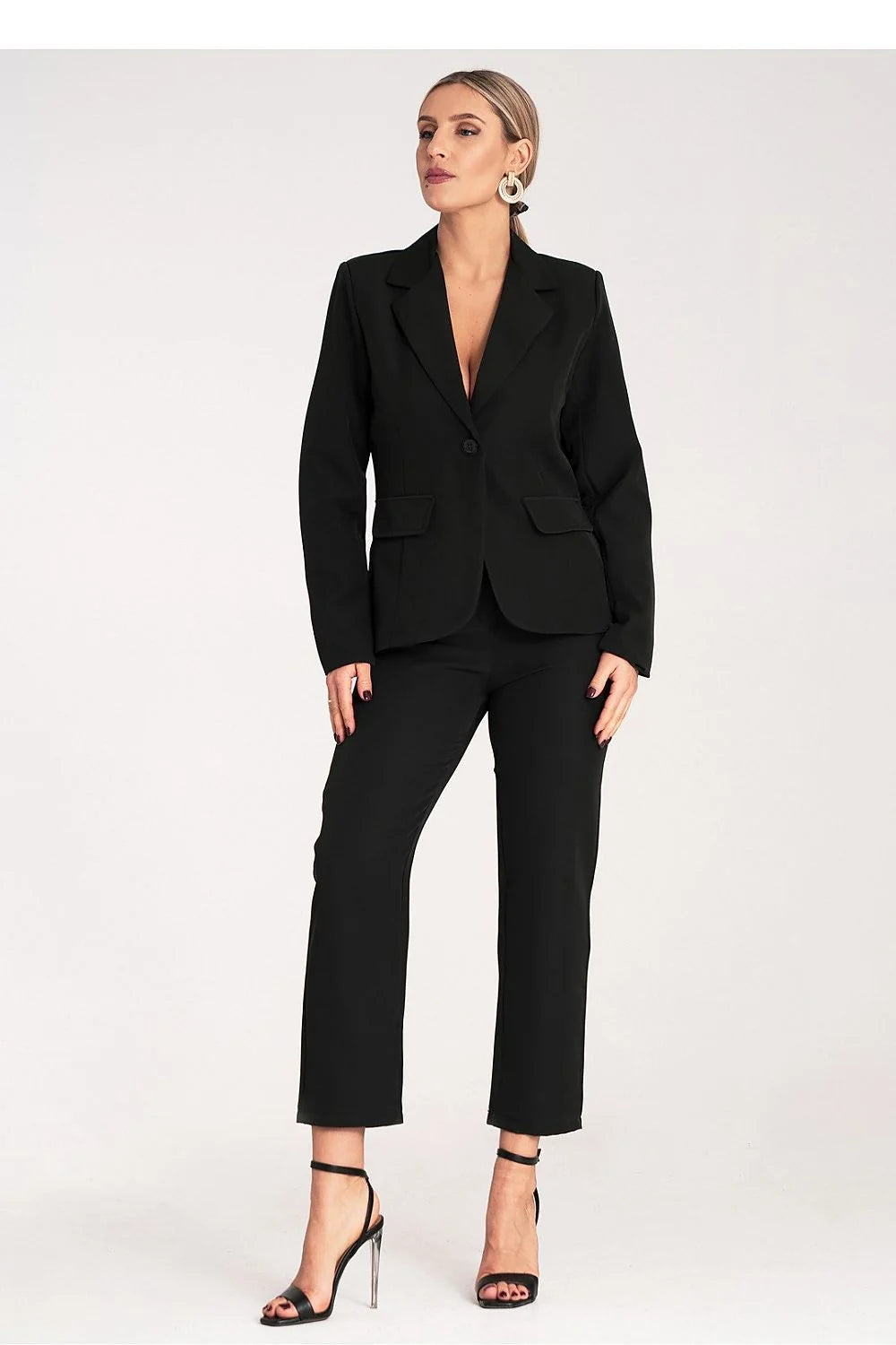 Ensemble tailleur-pantalon élégant pour femme en tissu polyester et elasthanne noir coupe ajustée veste à bouton unique et pantalon taille haute