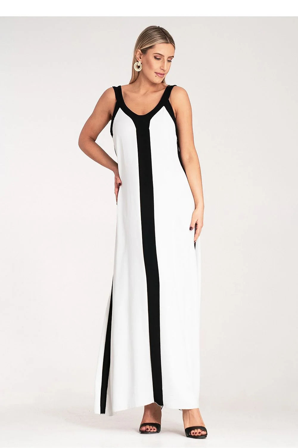 Robe de jour Figl longue épurée bandes contrastantes noires blanches décolleté en U bretelles larges polyester élasthanne