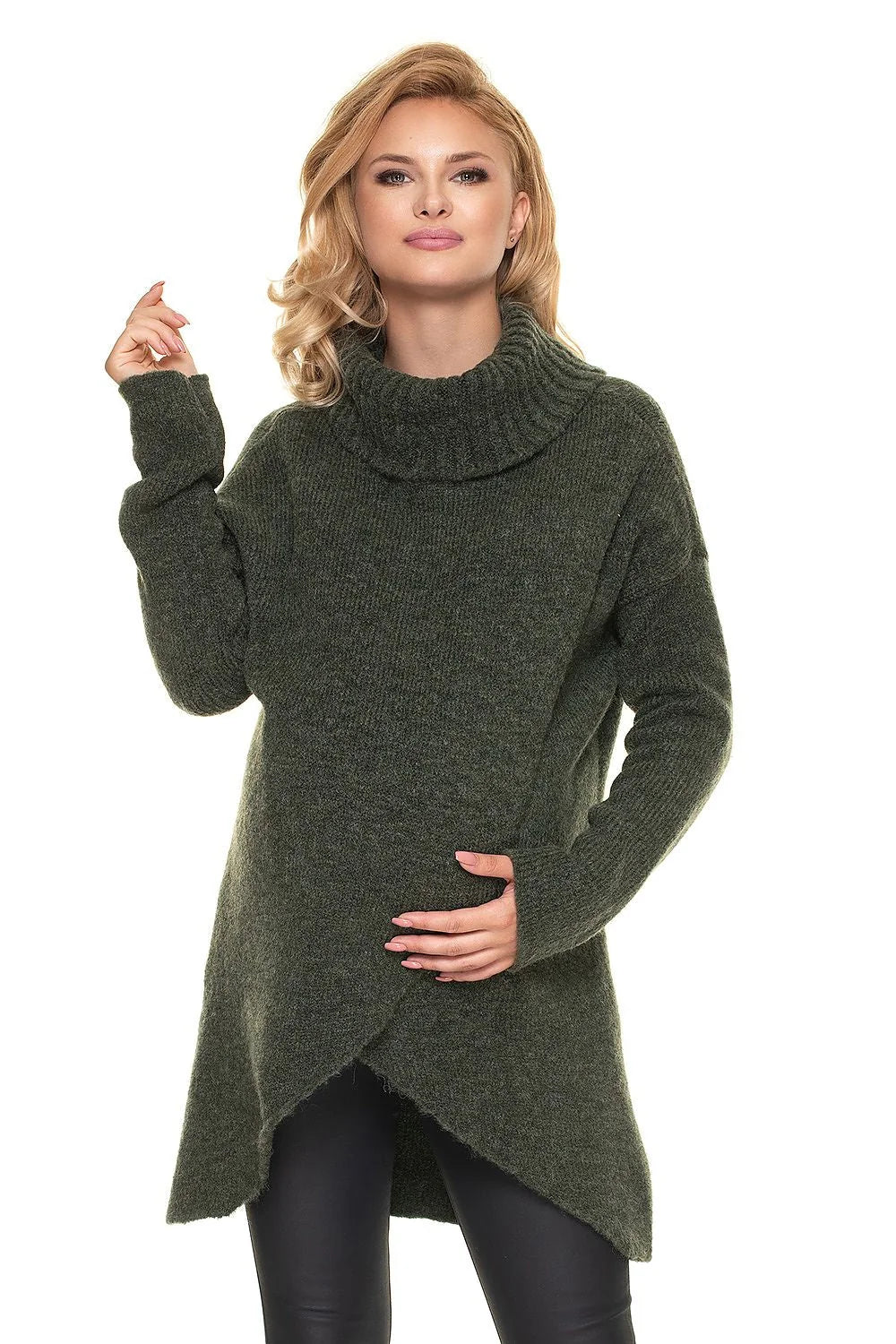 pull grossesse moderne confortable col roulé épais beige taupe oversize tunique mi cuisse asymétrique ouverture allaitement manches bouffantes