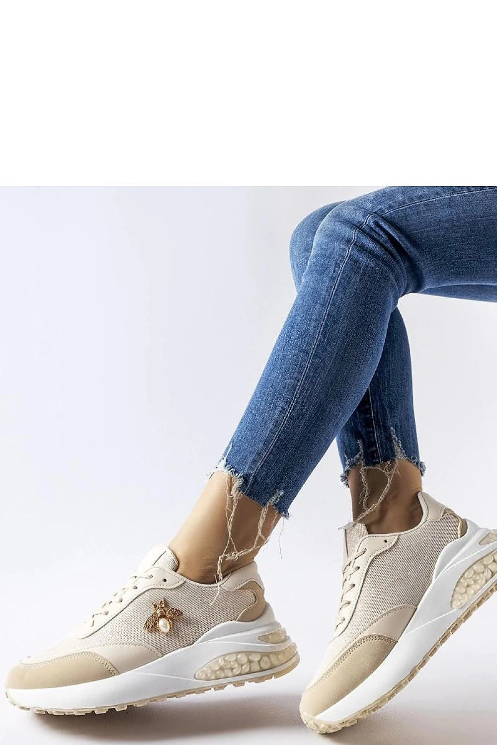 Baskets mode Solea femmes beige blanc motif libellule cuir textile confortable été printemps décontracté
