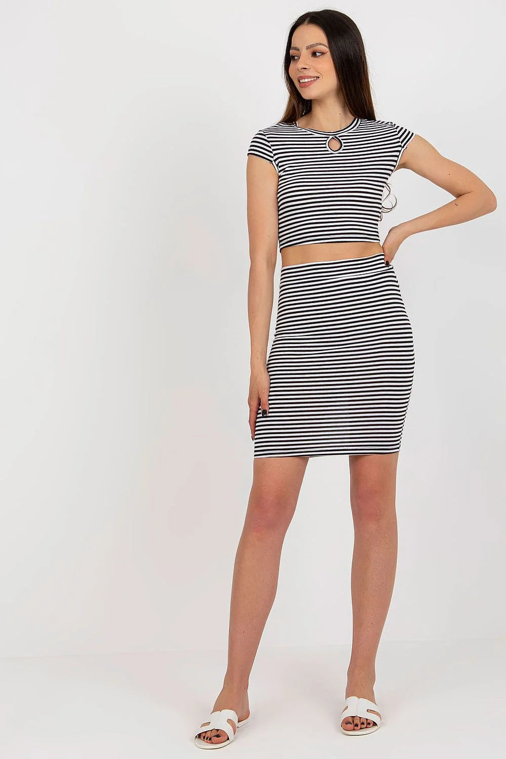 Ensemble femme Rue Paris crop top manches courtes jupe ajustée rayures noires blanches jersey élasthanne confort