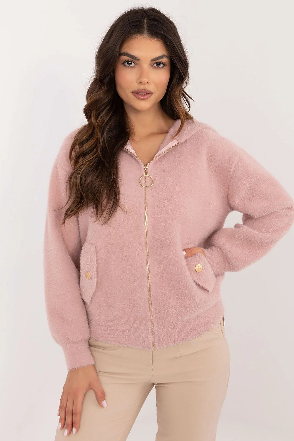 Veste MBM pour femme en laine et polyester, style décontracté, couleur rose pastel, capuche intégrée, fermeture éclair dorée, poches plaquées, manches longues, coupe ample