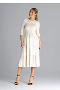 Robe de jour Figl midi manches 3/4 tissu doux ivoire ajustée taille volants subtils femme polyvalente