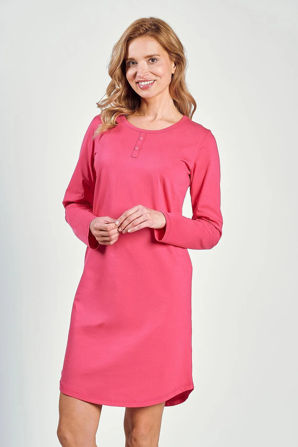 Robe casual femme élégance confort rose vif coupe droite manches longues encolure ronde boutons décoratifs mode quotidien