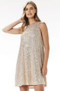 Robe de soirée élégante mini trapèze sans manches paillettes dorées décolleté halter femme Awama