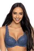 soutien gorge rembourré dentelle bleu ardoise armatures bretelles larges décolleté plongeant bonnets galbés coques maintien structuré ornement doré confortable élégant