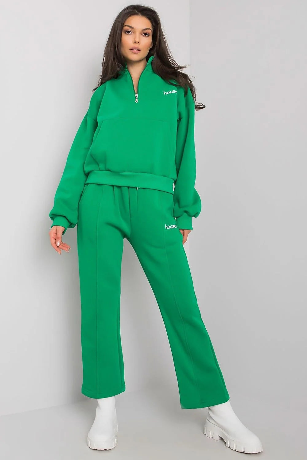 Ensemble survêtement coton décontracté confortable vert vibrant col montant zippé pour femme moderne