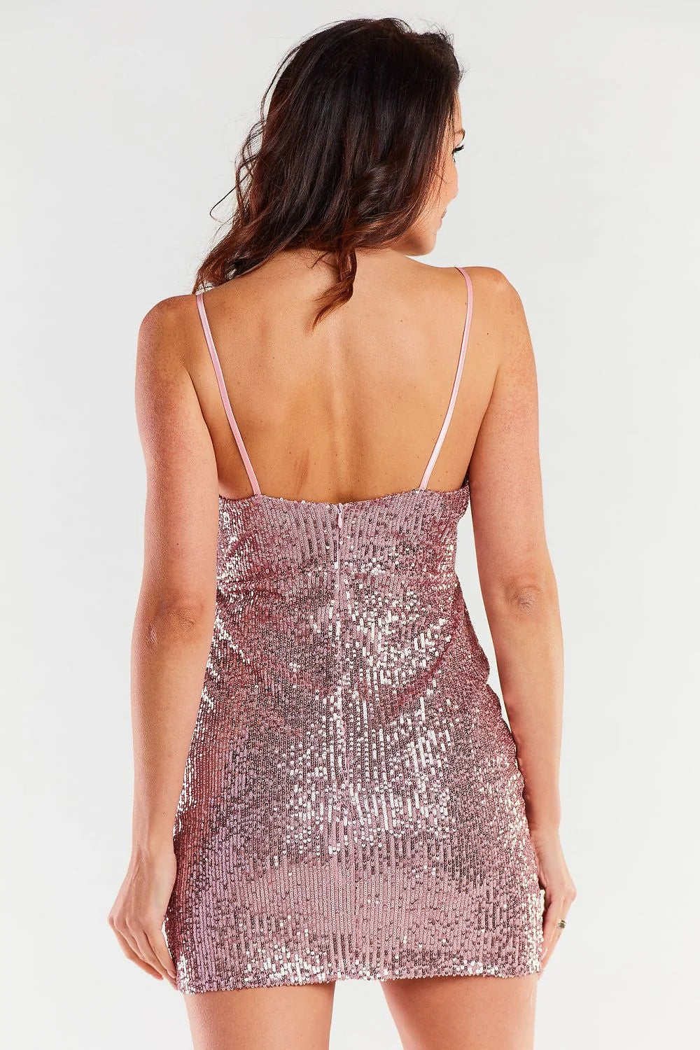 Robe de soirée mini sans manches brillante rose métallique ajustée en Pologne polyester élasthanne taille ajustable femme
