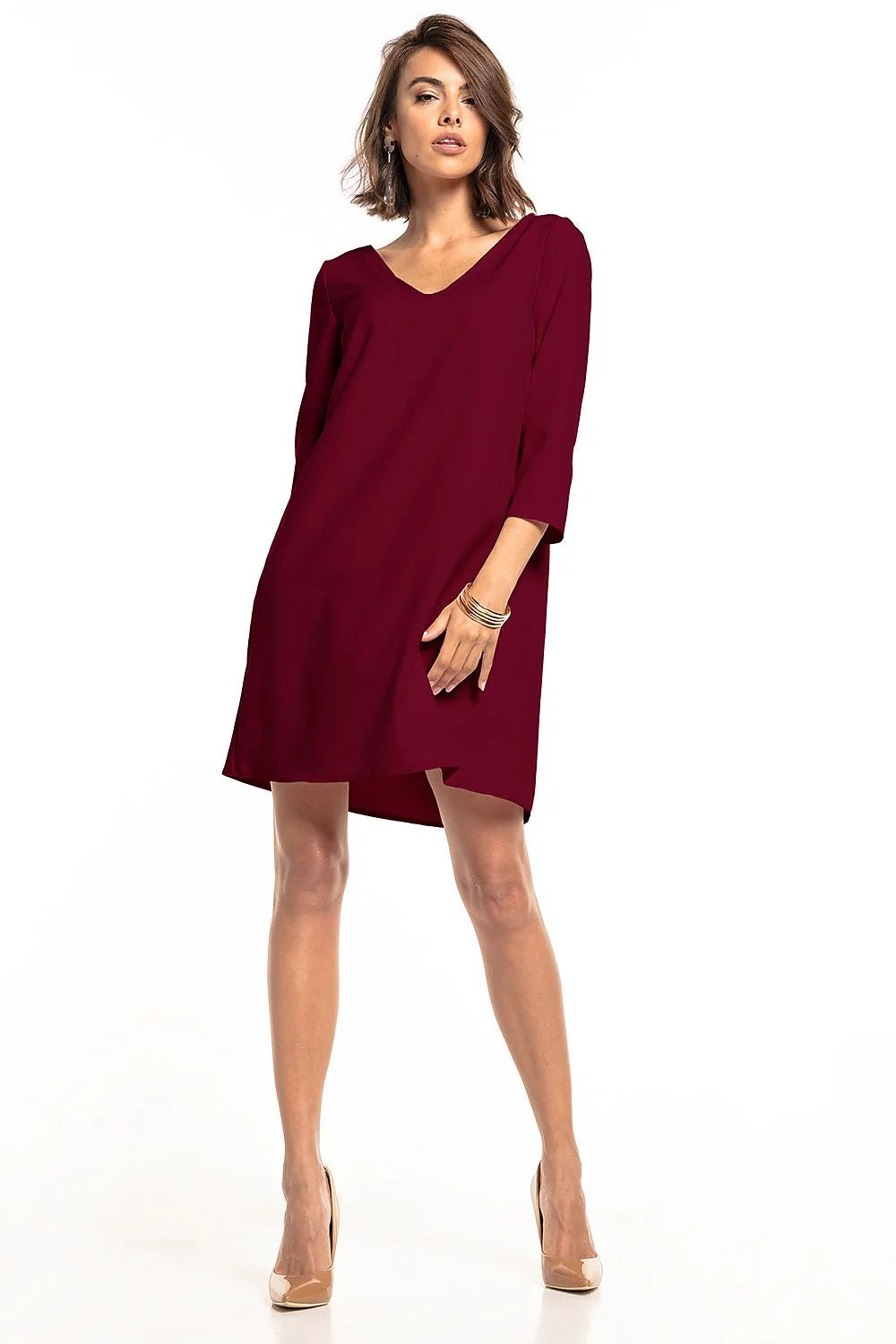 Robe élégante en polyester vert foncé coupe droite chic manches trois-quarts ourlet asymétrique