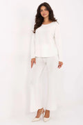 ensemble femme deux pièces maille fine blanche immaculée pull col rond manches longues pantalon taille haute jambes larges cheville fluide