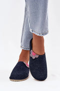 pantoufles femmes Inblu mules slipon bout fermé feutre bleu marine fleur feutrine rose lilas semelle crantée antidérapante cuir profilée confort