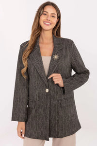 veste blazer femme oversize gris chiné texturée structurée longline hanches épaulettes revers cranté bouton doré poches rabats broche soleil doublée