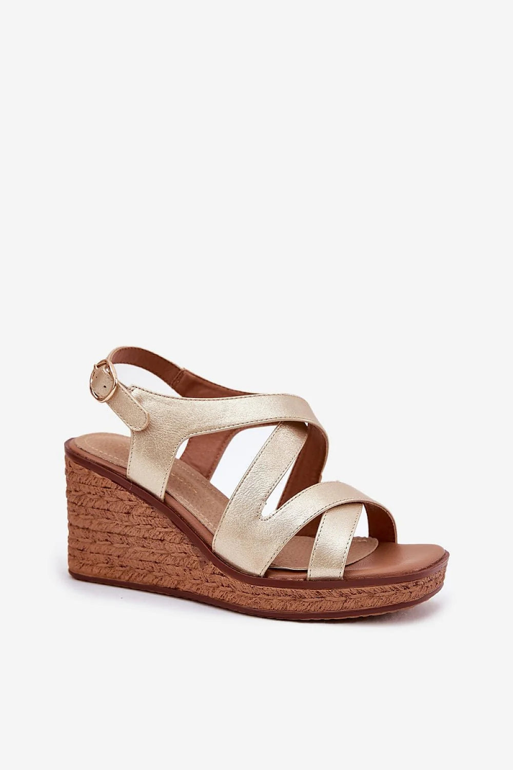 Sandales pour femmes élégance design moderne compensé doré lanières entrelacées boucle ajustable semelle naturelle cuir artificiel