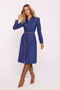 Robe chemise femme en jean bleu style classique manches longues ceinture en cuir marron taille ajustable occasion versatile