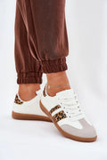 Chaussures de sport pour femmes design moderne décontracté cuir synthétique blanc motif léopard beige semelle caoutchouc