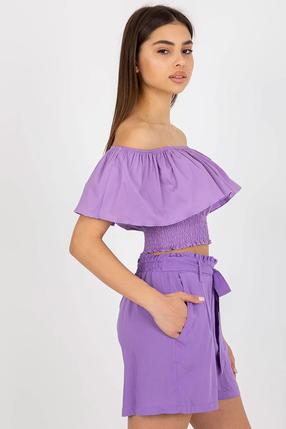 haut court bardot bohème coton extensible léger fluide volant généreux épaules dénudées smockée taille haute short paperbag ceinture nouée lilas