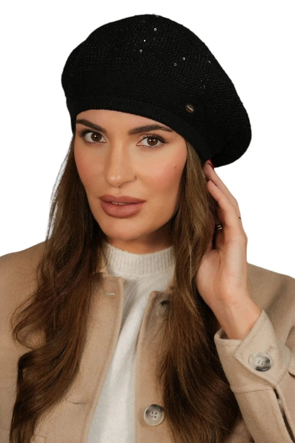 béret femme noir tricoté côtelé strass doublure polaire chaud doux extensible maintien confortable badge métallique élégant sophistiqué parisien