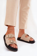 Sandales femmes design moderne décontracté cuir suédé beige boucles dorées semelle rembourrée ouvertureorte ventilation été