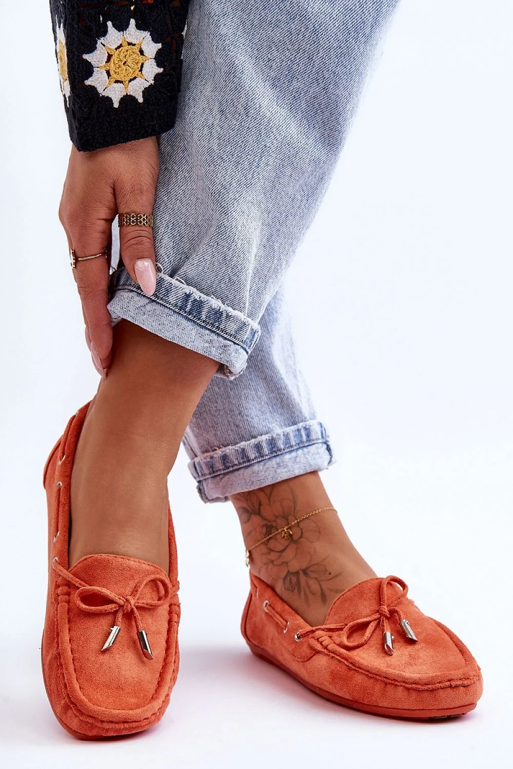 Mocassins classiques femmes suédine écologique nœud métal orange vif marine elements mode casual chic