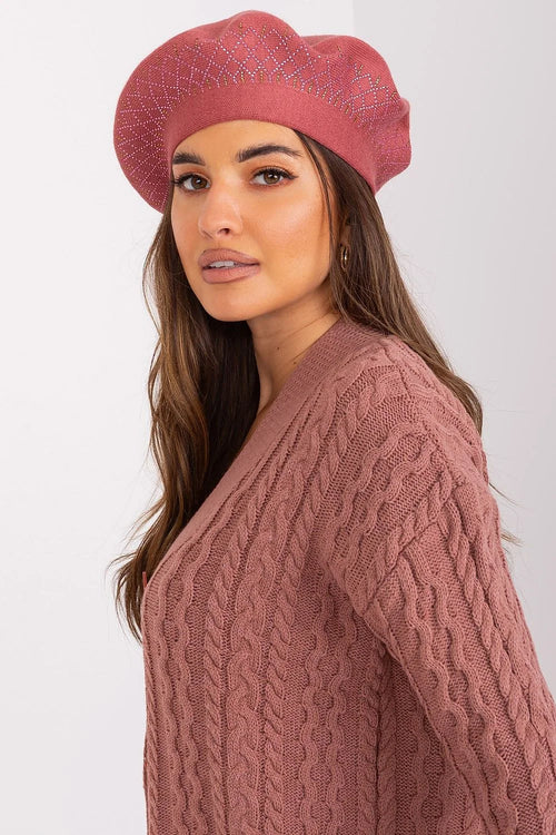 Béret AT en laine acrylique coton cachemire design classique losanges scintillants vieux rose coordonné avec ensemble maille torsadée chic femme