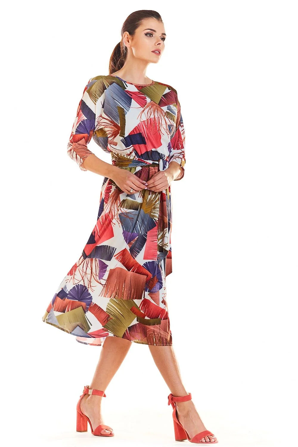 robe midi imprimée femme manches troisquarts col rond ceinture nouée ajustée évasée bohème chic fluide légère multicolore corail olive bleumarine