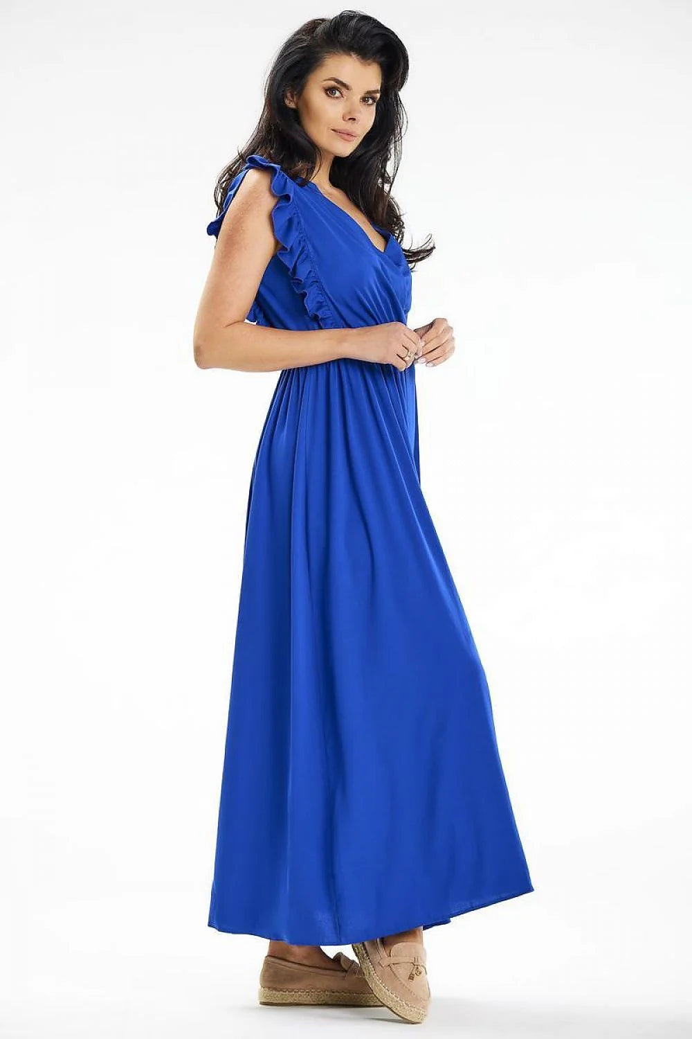Robe de jour élégante longue manches courtes en V puff sleeves taille élastique couleur bleu cobalt femme