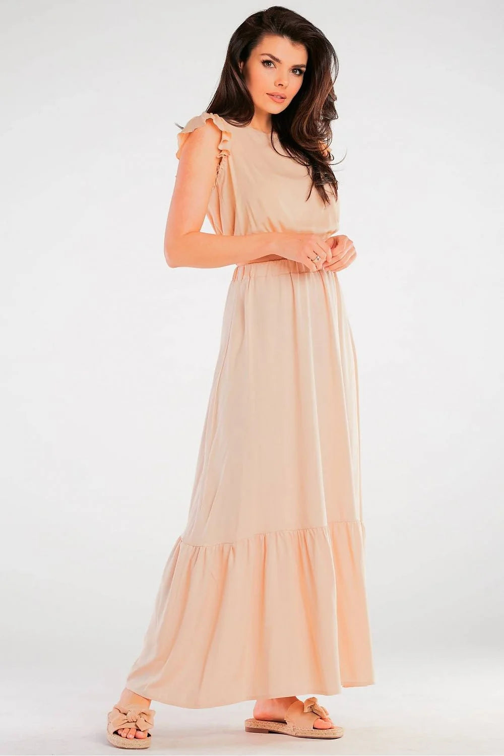 Robe longue élégante rouge viscosé femmes volants manches courtes taille élastiquée dos nu style été