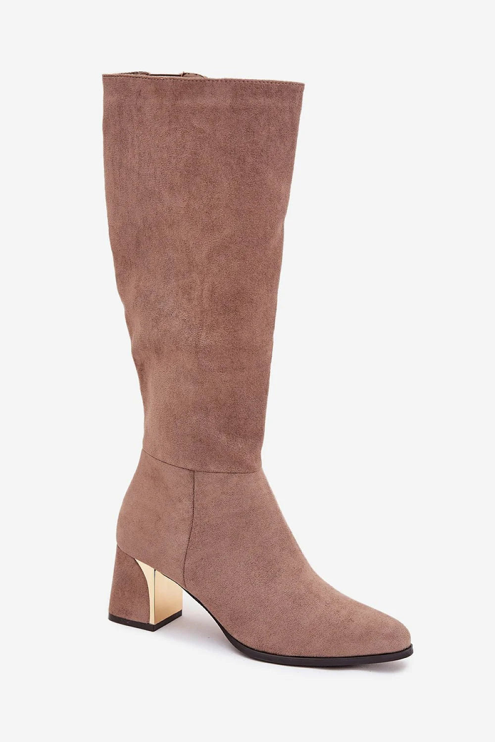 bottes femme suédine écologique taupe mi mollet talon colonne doré bout amande fermeture zippée latérale semelle noire élégantes