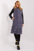 manteau féminin long midi fourrure synthétique gris violacé manches contrastantes simili cuir col montant fermeture éclair capuche poches verticales texturées