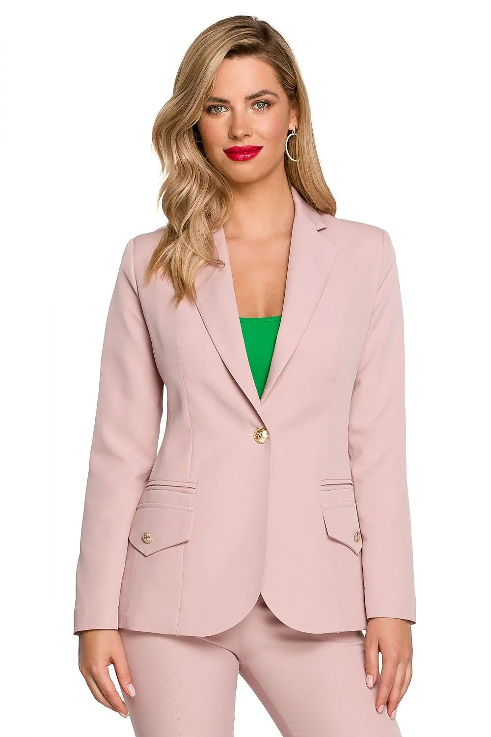 Blazer femme élégant couleur fuchsia vif coupe ajustée épaulettes discrètes col à revers cranté boutons dorés polyester 95% elasthanne 5% Makover