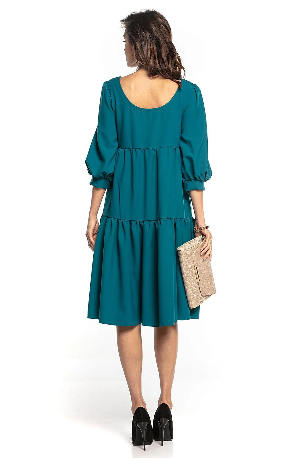 Robe élégante en polyester bleu canard manches bouffantes pour style chic et décontracté femmes