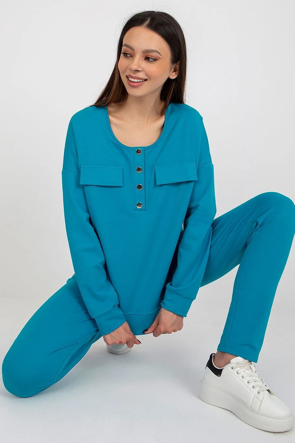 Ensemble Lakerta moderne confortable bleu vif coton élasthanne manches longues pantalon droite haute taille style décontracté haute qualité femme usage quotidien minimaliste