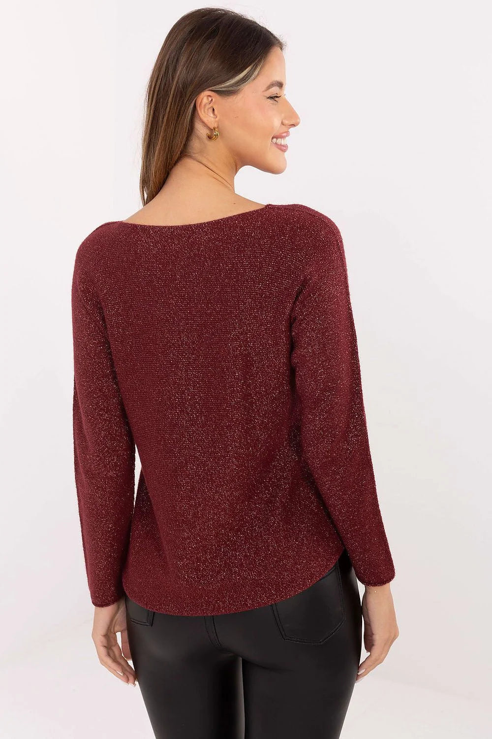 pull femme bordeaux pailletée col rond manches longues maille fine extensible douce fil métallisé coupe droite ajustée confort élégante festive