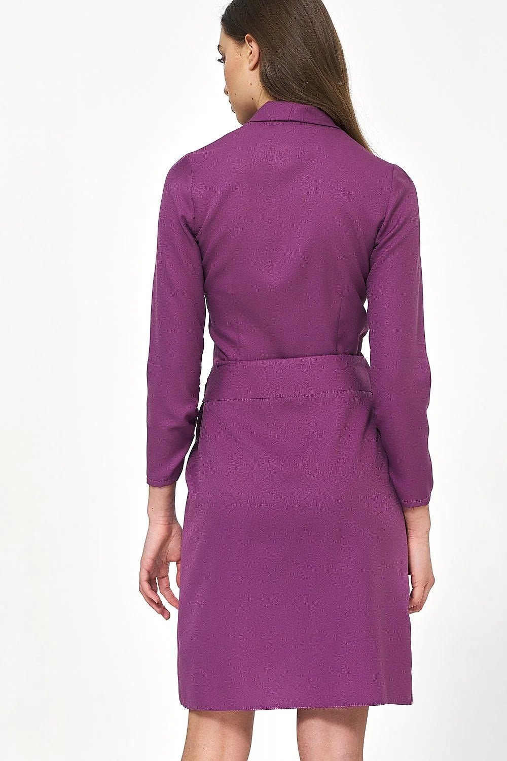 Robe élégante pour femme couleur violette, coupe ajustée, manches 3/4, ceinture intégrée, polyester et élasthanne, occasion semi-formelle