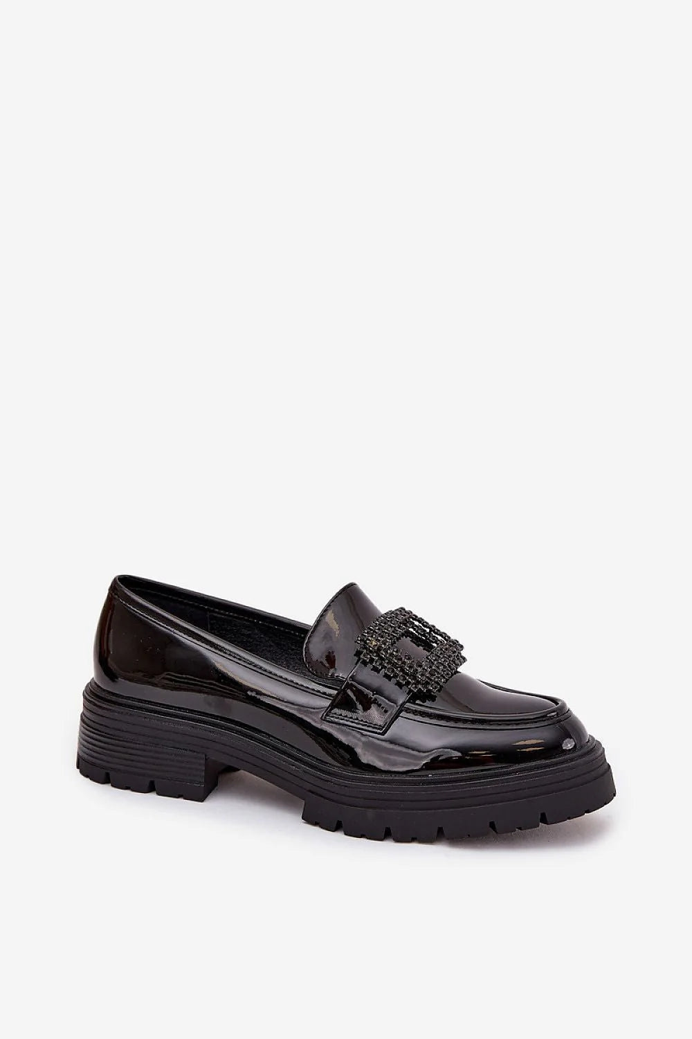 mocassins femme cuirartificiel verni noir plateforme talonbloc semellecrantée slipon bouclecarrée bijou perles strass sophistiqué contemporain chic confortable bureau ville élégant
