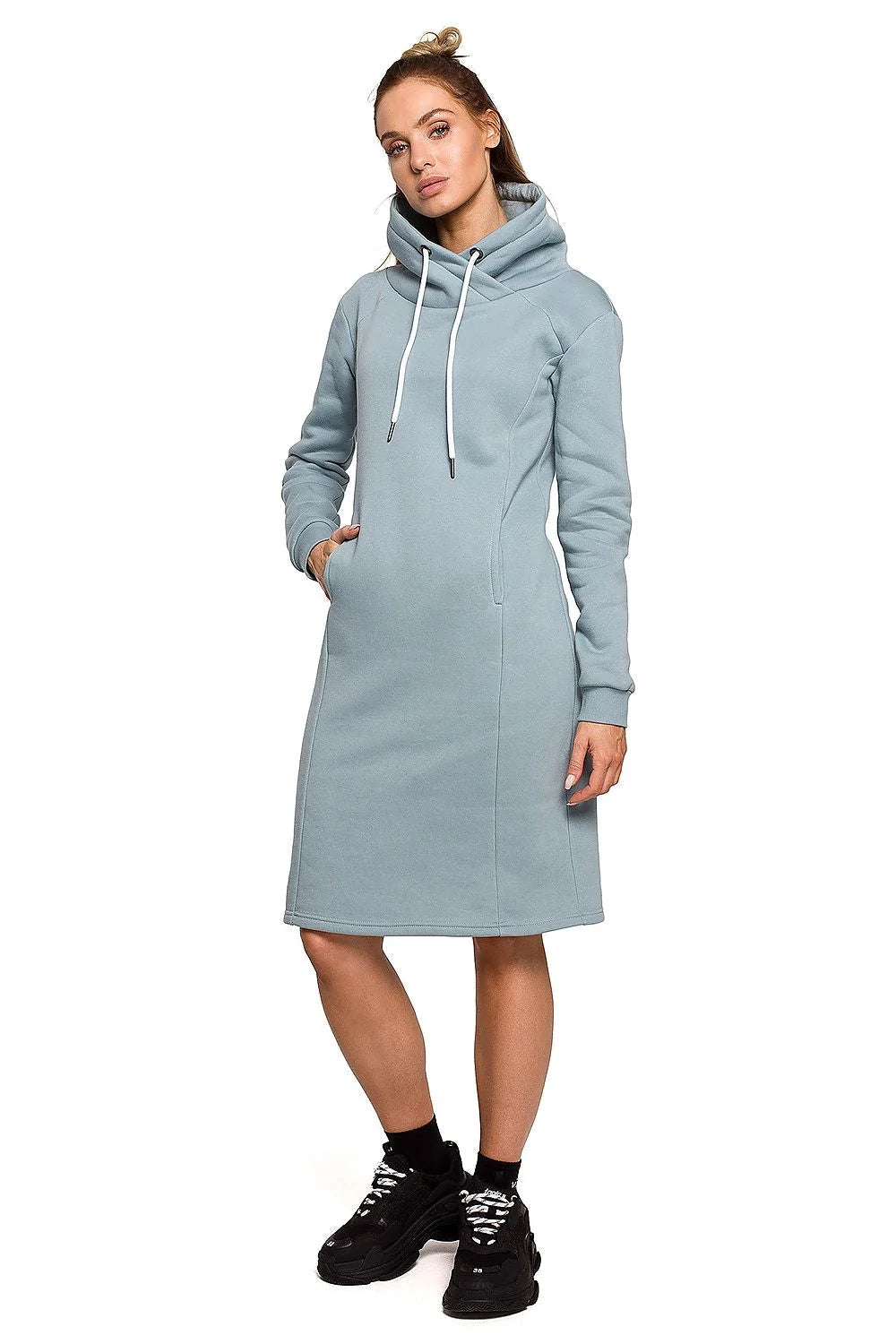 Robe pull coton épais décontractée marron avec capuche poches style automne hiver moderne femme