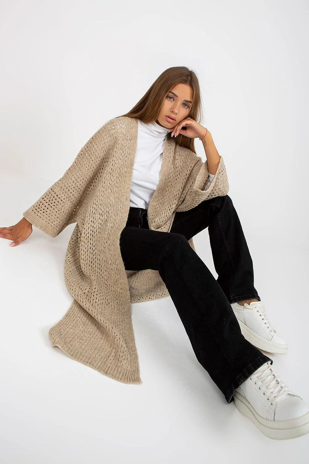 Cardigan long pour femme en tricot ajouré style bohème matières mixtes acrylique polyamide viscose laine