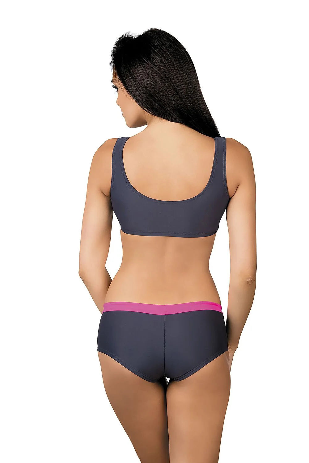 Maillot de bain deux pièces sportif moderne pour femme, gris et rose, élasthanne et polyamide, plage et piscine, maintien et confort, taille ajustable