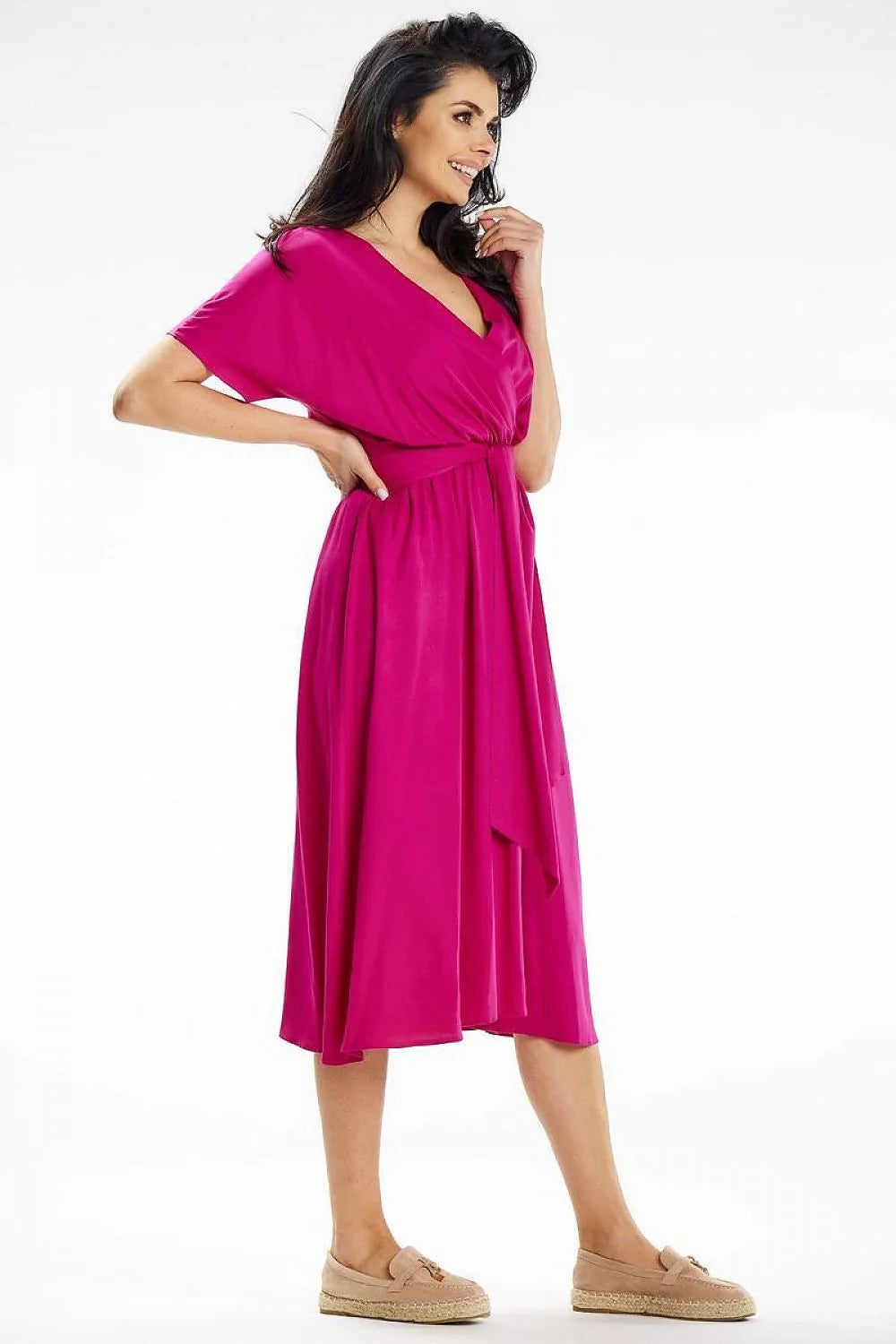 Robe de jour awama fuchsia midi A-line manches courtes wrap top ceinture intégrée femme élasthanne viscose