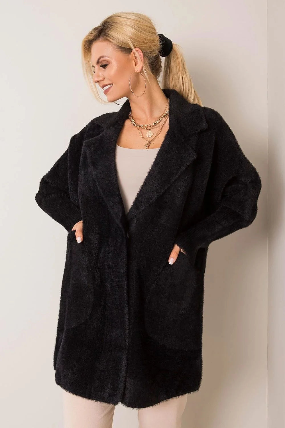 Manteau MBM pour femme coupe droite longueur mi-cuisse poches latérales col à revers matériau doux automne-hiver