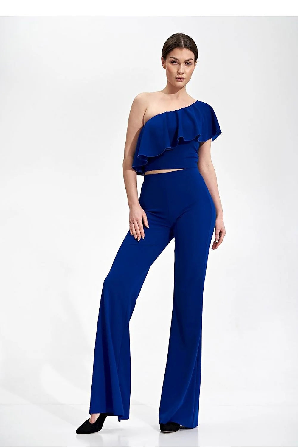 Pantalon moderne femme Figl taille haute matière extensible style élégant couleur bleu roi sans boutons sans poches