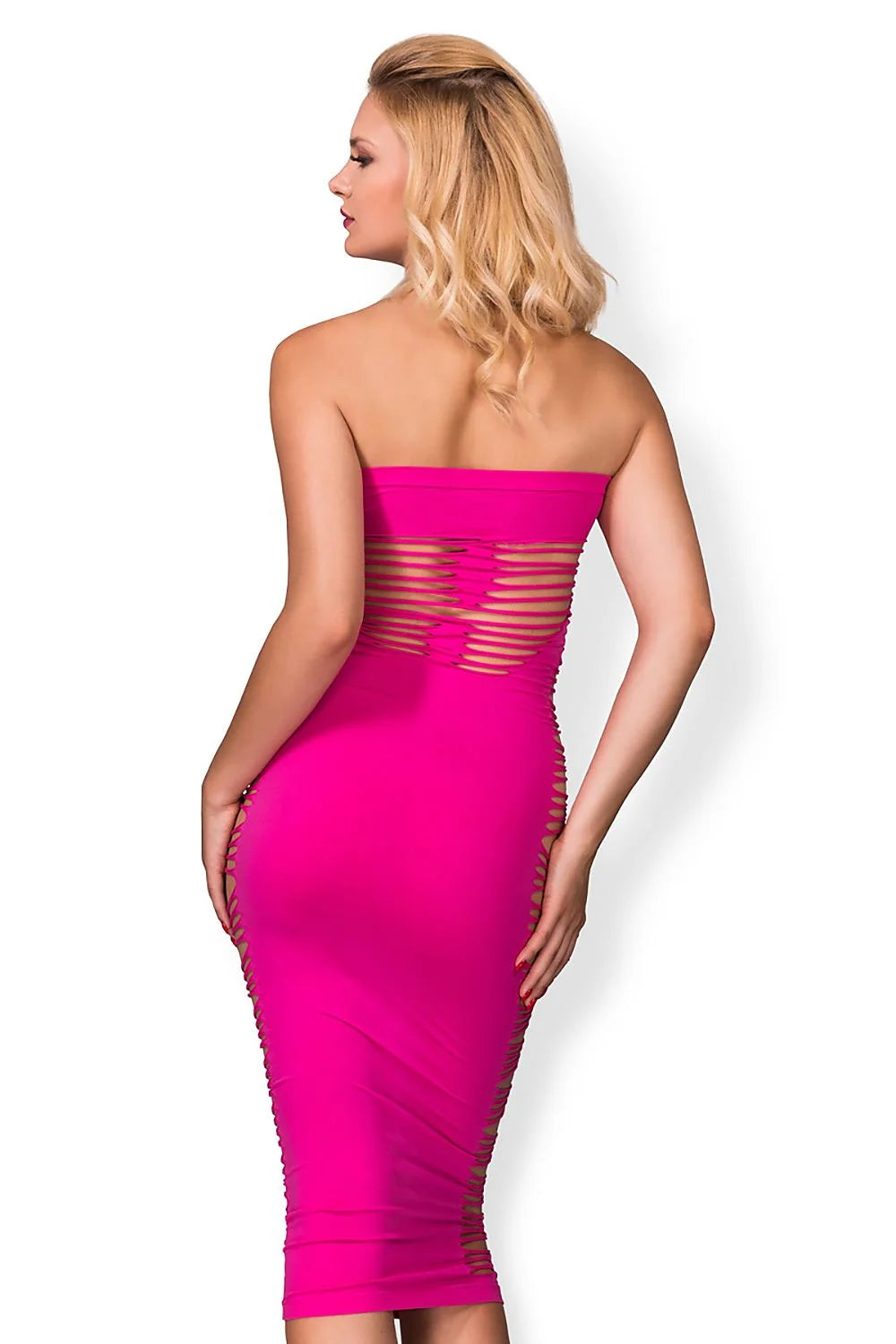 robe tube sexy rose vif midi moulante ajustée bustier sans bretelles découpes horizontales résille transparente extensible maintien confort