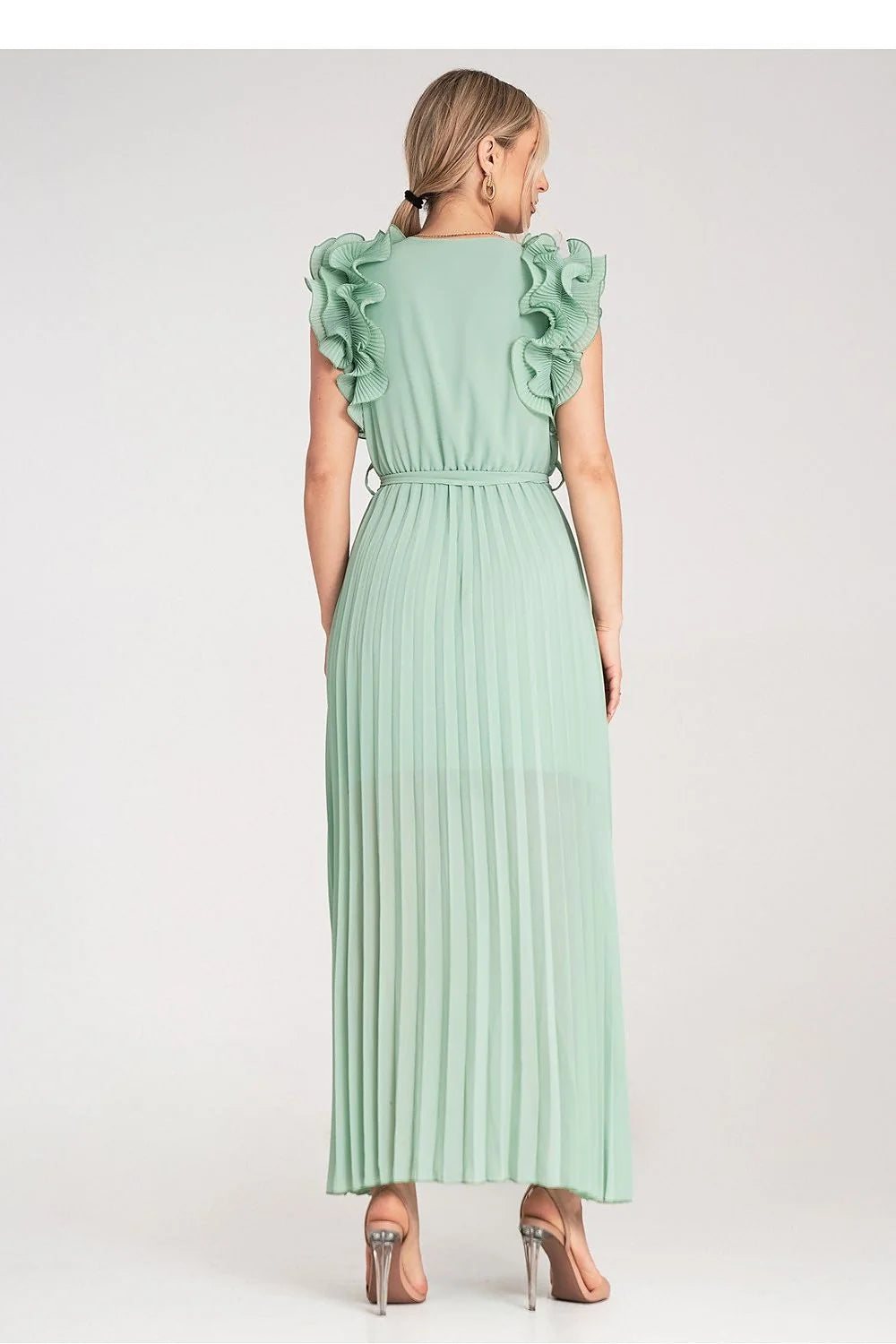 Robe de cocktail élégante longue sans manches en V vert menthe volants épaules ceinture assortie taille élastique polyester femme