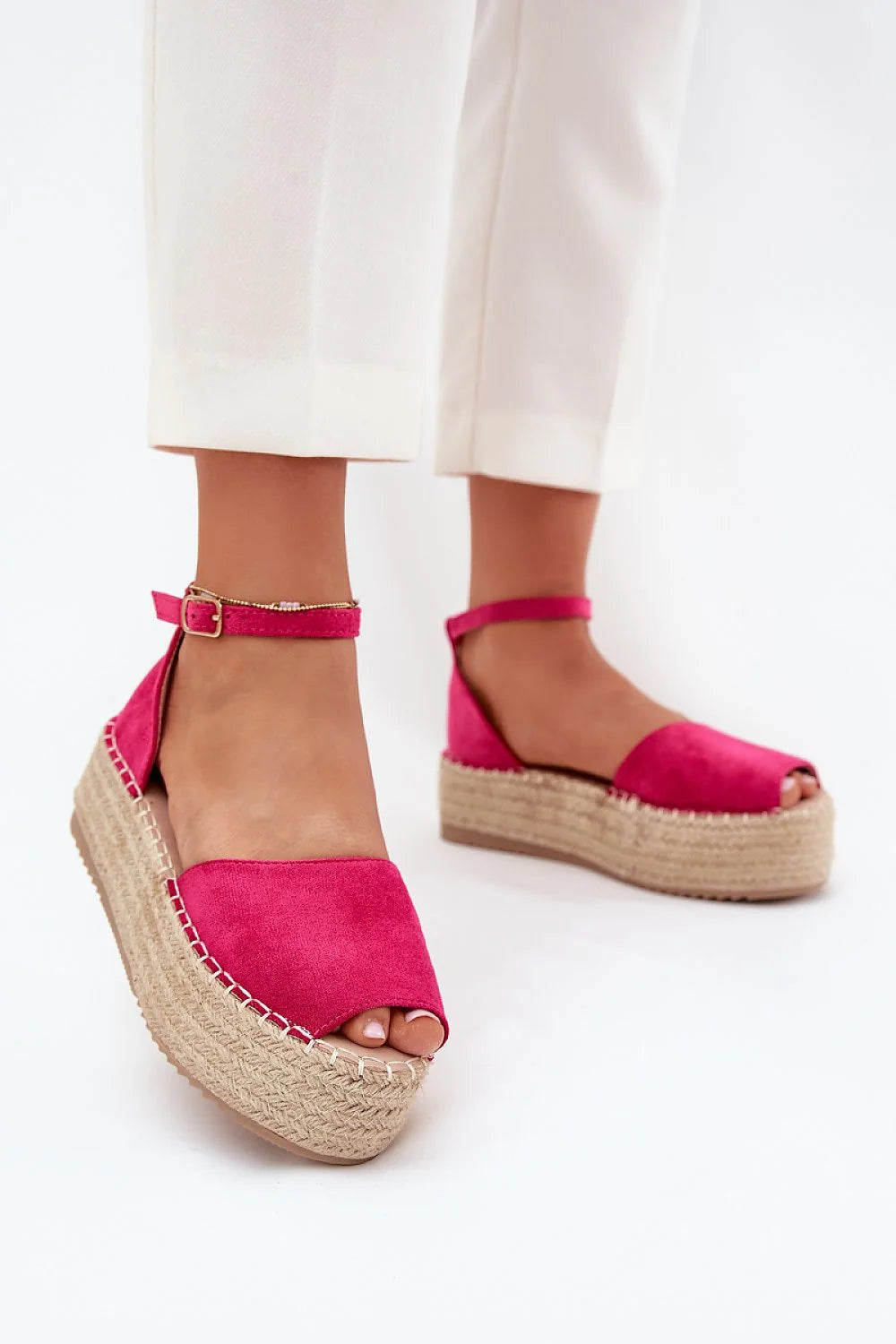 sandales espadrilles compensées femme fuchsia suédine peeptoe bout ouvert talon fermé plateforme jute tressé bride cheville réglable boucle dorée bohème